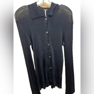 Free People Black Slinky Viscose Ribbed Cardigan Sweater Top